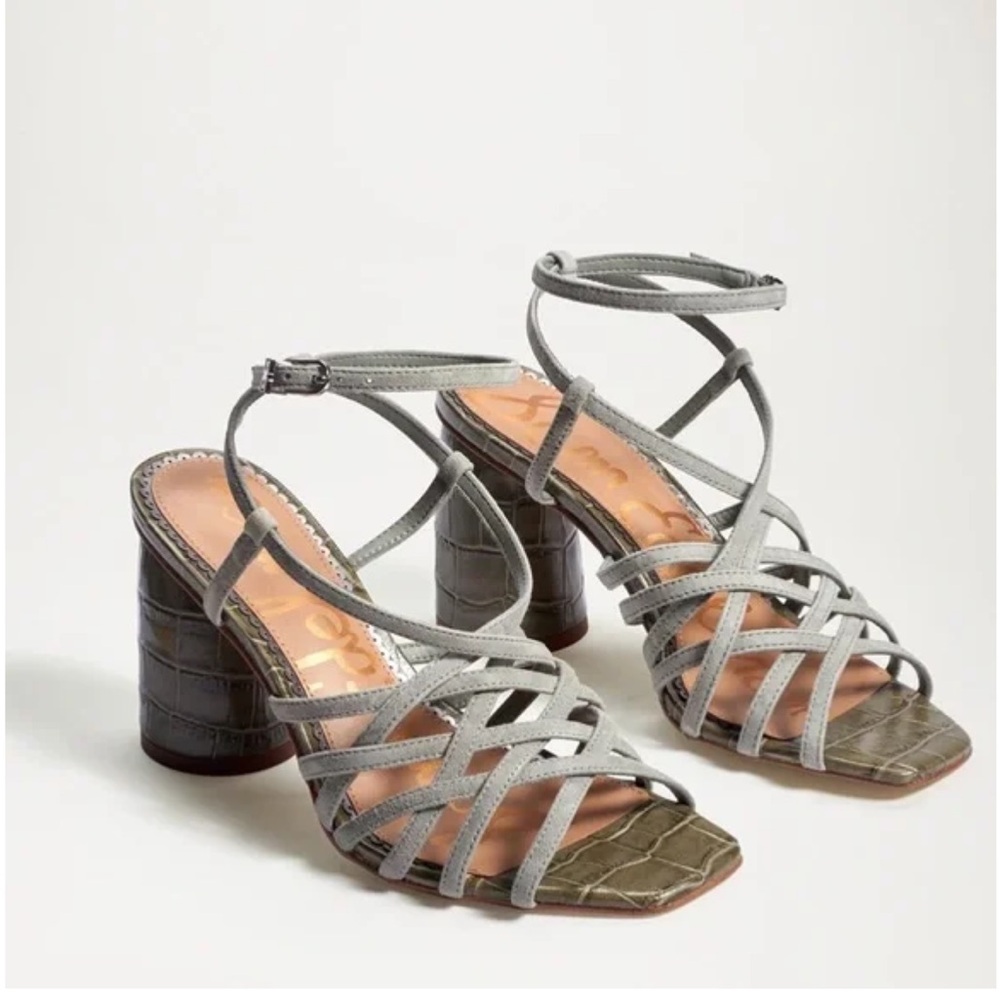 Sam Edelman Daffodil Croc Strappy Heel Sandal in Mineral Green Suede NEW